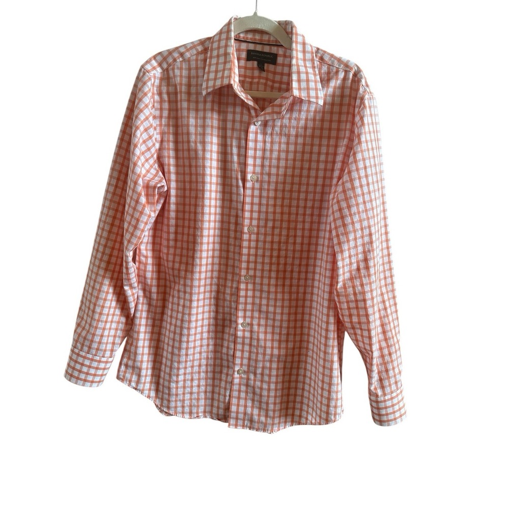 Banana Republic Vintage Orange Gingham Men's Slim Non Iron 16-16 I/2 34-35 Shirt